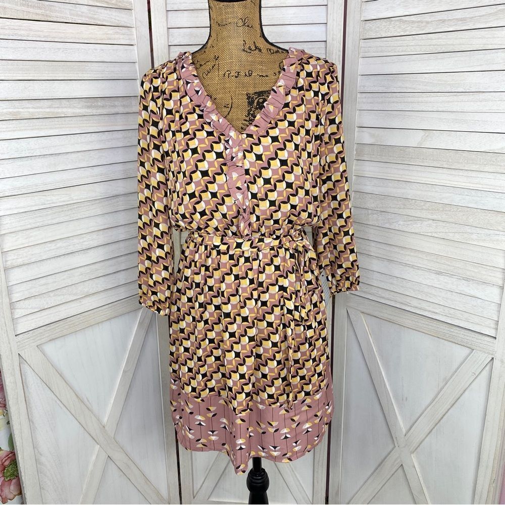 Dr2 Dress Geometric Print Ruffle Trim Mauve Yellow Small Blouson 3/4 Sleeve